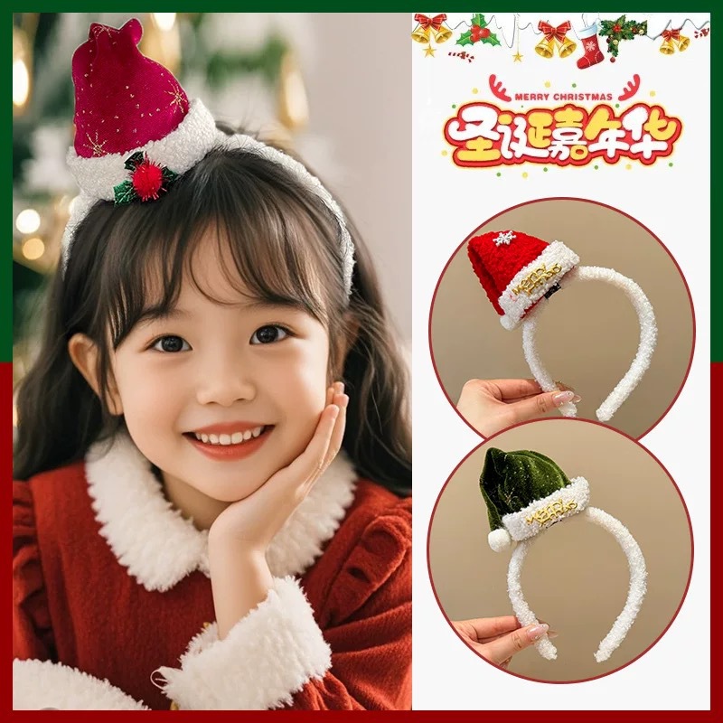 Santa Hat Plush - Kersthoofdband Pluche Kerstmuts met Pompom voor
